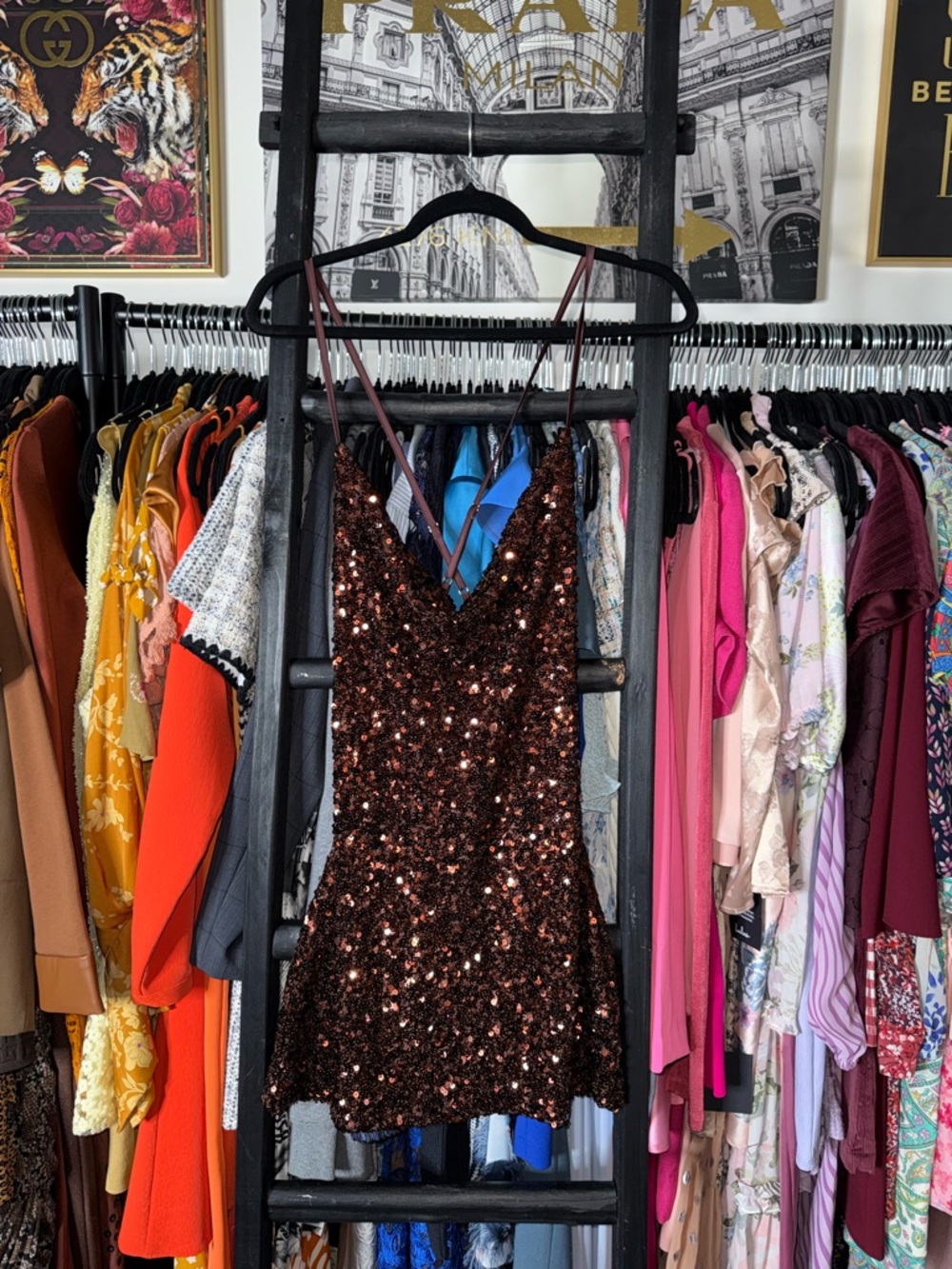 Meshki Jody Sequin Cowl Neck Mini Dress Chocolate Brown Strappy Small New NWT